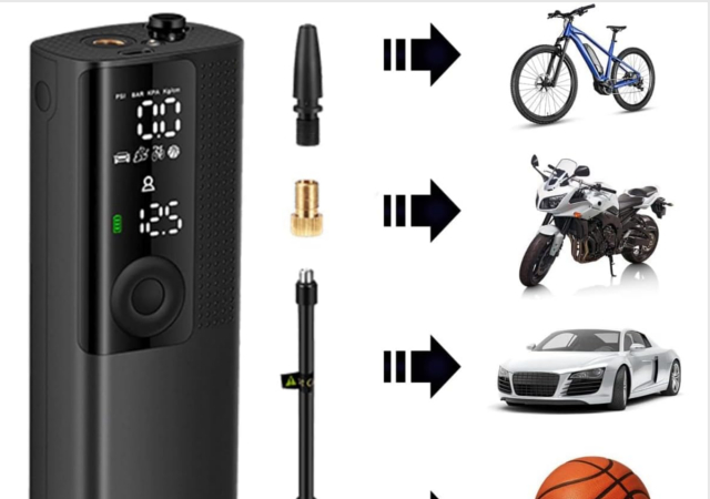 Airmoto Tire Inflator Portable Air Compressor - Air Pump for Car Tires with Tire Pressure Gauge (120 PSI) - One Click Smart Pump Tire Inflator for Car, Motorcycle, Bicycle and More