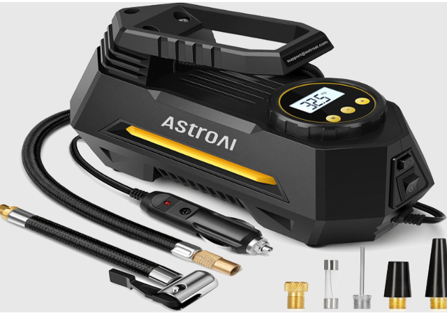 AstroAI Tire Inflator Portable Air Compressor Tire Air Pump for Car Tires - Car Accessories, 12V DC Auto Pump with Digital Pressure Gauge, Emergency LED Light for Bicycle, Balloons, Yellow